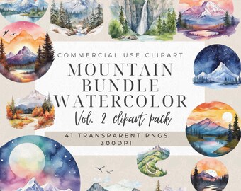 Paquete de imágenes prediseñadas de paisajes de montaña en acuarela (41 PNG)
