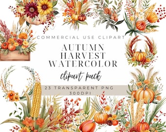 May include: A set of 23 watercolor clipart images featuring autumn harvest themes. The images include pumpkins, sunflowers, corn, wheat, leaves, and berries in shades of orange, yellow, red, and brown. The text "COMMERCIAL USE CLIPART AUTUMN HARVEST WATERCOLOR clipart pack 23 TRANSPARENT PNG 300DPI" is included in the image.