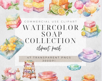 Watercolor Soap Clipart Bundle: 47 PNG Images (Commercial Use, Digital Download)