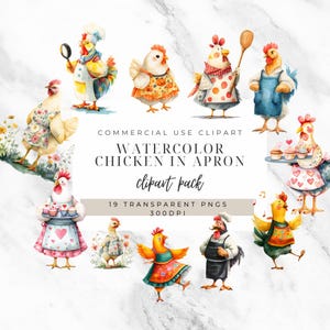 Poulet en tablier des cliparts, art de la pâtisserie drôle, téléchargement numérique pour décoration de cuisine, travaux manuels de femme au foyer, graphiques PNG, Images de poulet