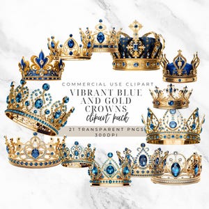 Coroa de princesa príncipe bebê azul e dourada - clipart digital real - arte de scrapbook de coroa - tema de chá de bebê - coroas azuis e douradas PNGs