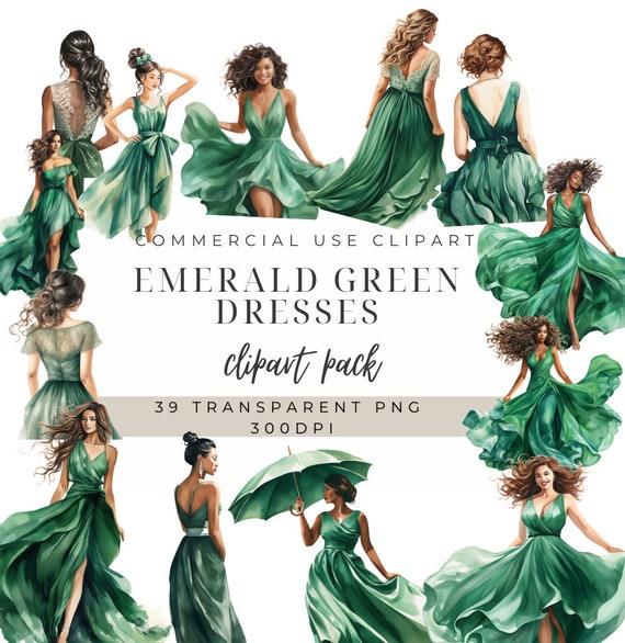 Emerald Green Dress Clipart: Princess Watercolor PNG Images