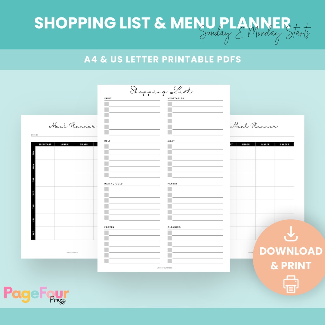 Shopping List Printable PDF Menu Planner Printable PDF Weekly Planner ...