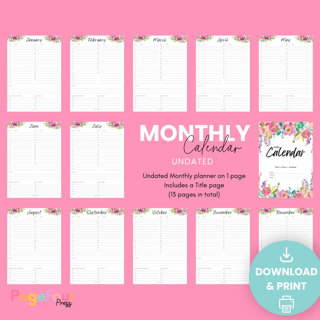 Monthly Planner Printable Monthly Calendar Instant Digital Download ...