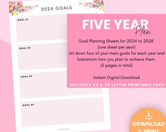 2024 - 2028 Goal Setting Printables Goal Planning PDFs Digital Download Goal Sheets Pretty Flower Goal Setting Forms Five Year Goals