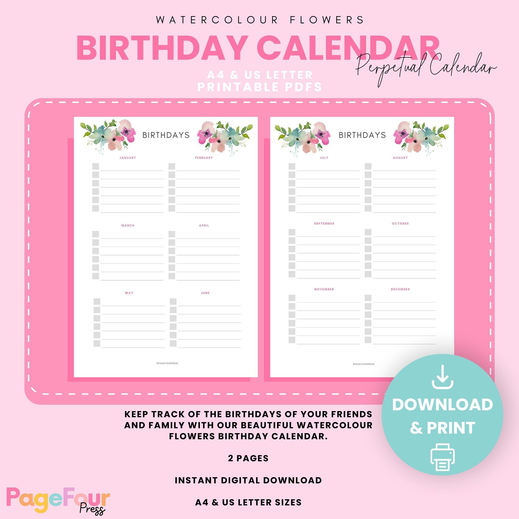 Birthday Calendar Printable PDF, Birthday Tracker Print at Home ...
