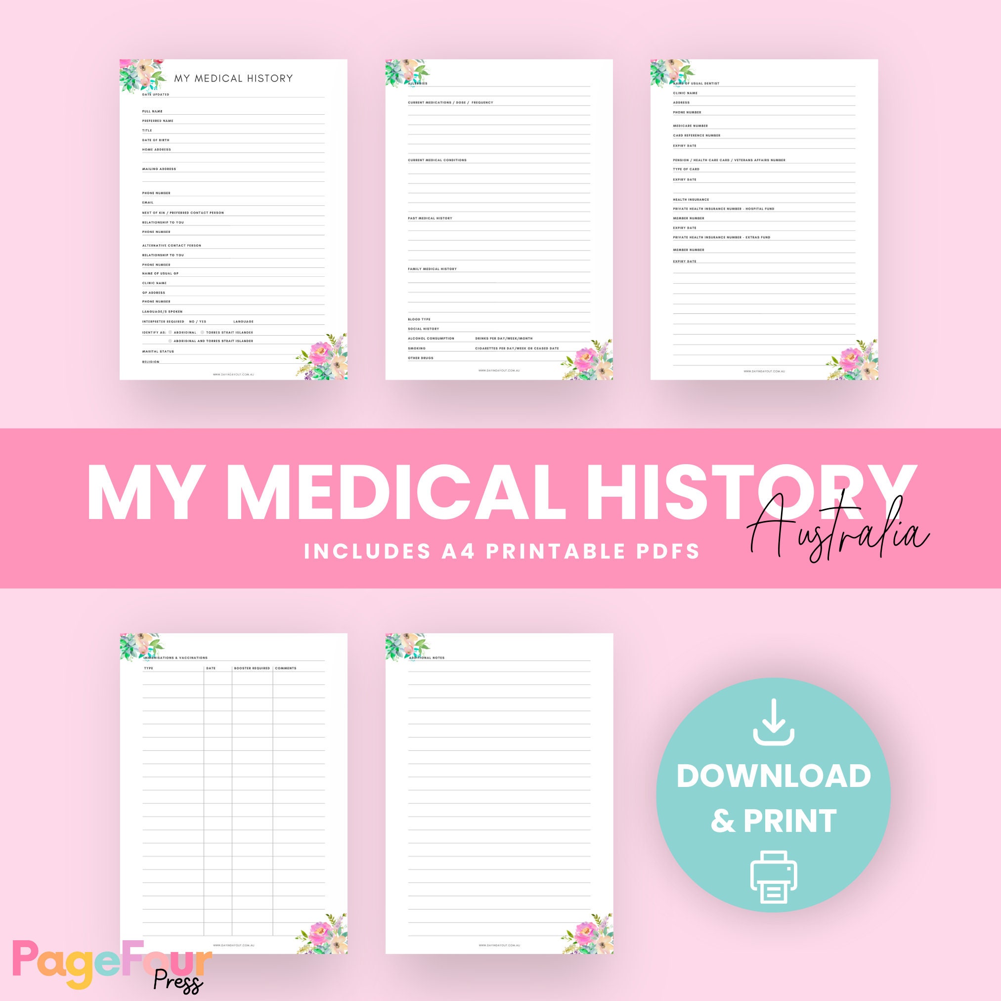 Medical History Printable Australia Health Record Digital Download ...