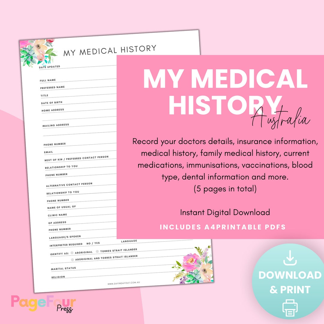 Medical History Printable Australia Health Record Digital Download ...