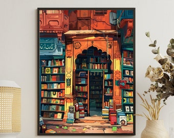Travel City Old Delhi Poster, Book Store Print, Bookshop Poster, Reading Gift, Travelling Poster, Library Art, Author Gift, Vintage Poster