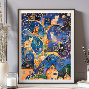 Impresión de gatos de Gustav Klimt, póster del Museo Klimt, póster de gatos en los árboles de Gustav Klimt, póster vintage de Klimt, regalo para amantes de los gatos, regalo de inauguración de la casa
