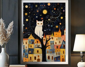 Gustav Klimt, White Cat In A Tree Wall Art Print Poster Framed Art Gift, Home Decor, Living Room Art Klimt Village Night Moon Stars Wall Art