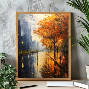 Rainy Autumn City Print, Moody Fall Cityscape Print, Antique Fall City Printable Digital Download, Vintage Autumn Wall Art Rustic Home Decor