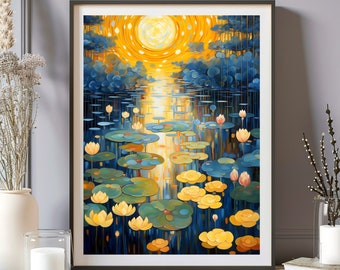 Impresión de Gustav Klimt, póster de exposición de Gustav Klimt, arte de Klimt, regalo de obra de arte moderna dorada, impresión de noche de pueblo / impresión de luna y estrellas de obra de arte de árbol