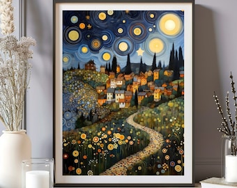 Impressão de Gustav Klimt, pôster de noite da vila de Gustav Klimt, pôster de exposição de Klimt, pintura de Gustav Klimt, impressão de arte de parede de árvore de estrelas e lua de Klimt