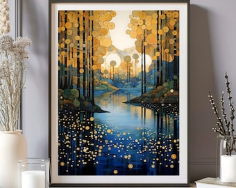 Gustav Klimt Print, Klimt Exhibition Poster, Gustav Forest Village Night Poster, Klimt Moon Stars Tree Wall Art Print, Gustav Klimt Painting
