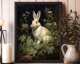 印刷可能なデジタルウサギの壁アート、アンティークウサギの絵画、ダークアカデミアの印刷可能な壁アート、ビンテージウサギの壁アート、野生のウサギの絵