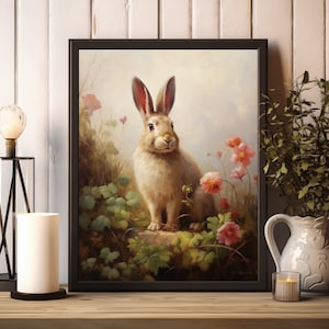White Bunny Woods, Wild Hare Rabbit Painting, Dark Academia, Dark Cottagecore Decor, Farmhouse Room Decor, Animal Print, Digital Download