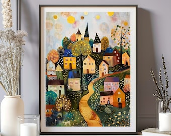 Op de afbeelding: Een kleurrijke illustratie van een fantasierijk dorpje dat op een heuvel ligt. De huizen zijn geschilderd in felle kleuren zoals geel, blauw, rood en groen, met witte versieringen. Een kronkelend pad leidt naar het dorp, omringd door weelderige groene bomen en bladeren.