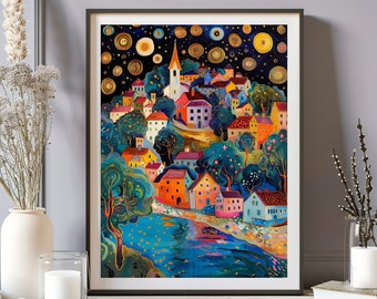 Gustav Klimt Village Night Print, Gustav Klimt Poster, Klimt Exhibition Poster, Klimt Moon Stars Tree Art, Klimt Village Sky Night Poster