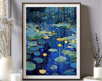 Impresión de paisaje inspirada en Gustav Klimt, mural Lotus Pond acogedora decoración moderna del hogar, pintura al óleo vintage, cartel de flores de plantas de artista, arte de pared