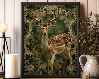 May include: A brown and white spotted deer stands in a green and gold ornate frame. The deer has large antlers and is looking directly at the viewer.
