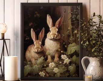 May include: A framed painting of two brown rabbits sitting in a garden setting. The rabbits are surrounded by green leaves and white flowers. The painting has a dark background and a rustic wooden frame.