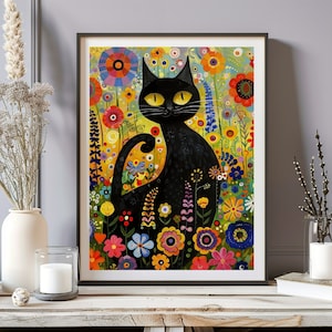 Gustav Klimt Garden Cat Print, Colorful Modern Wall Art, Housewarming Gift for Cat Lover Funny Black Cat Wall Decor Premium Paper Cat Poster