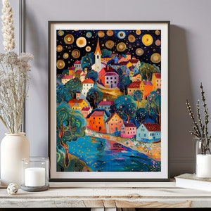 Gustav Klimt inspirierte Landschaft Druck, Gustav Klimt Nachthimmel Poster, Wandbild Mond Nachthimmel gemütliches modernes Wohndekor, Klimt Mond Sterne Baum Kunst