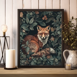 Vintage Dark Academia Fox pittura a olio arte della parete, poster di animali del bosco gotico rustico e realistico, decorazione della pittura a olio di volpe carina e ingenua
