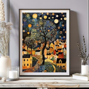 Gustav Klimt inspirierte Landschaft Druck, Wandbild Mond Nachthimmel gemütliche moderne Wohnkultur, Vintage Ölgemälde, Künstler Bäume Holz Poster, Wandkunst
