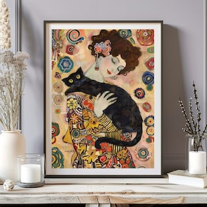 Stampa di donna e gatto di Gustav Klimt, poster di Gustav Klimt, arredamento per la casa di Gustav Klimt, poster vintage, stampa artistica di donna di Klimt, famosa arte murale