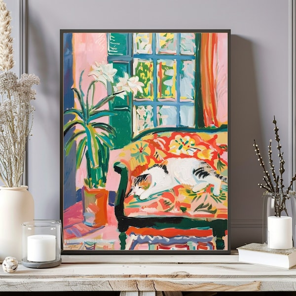 Impresión de Henri Matisse, póster de Matisse, arte de pared de galería, decoración de pared de sala de estar, impresión de arte de Matise, obra de arte de gatos, regalo de inauguración de la casa para amantes de los gatos