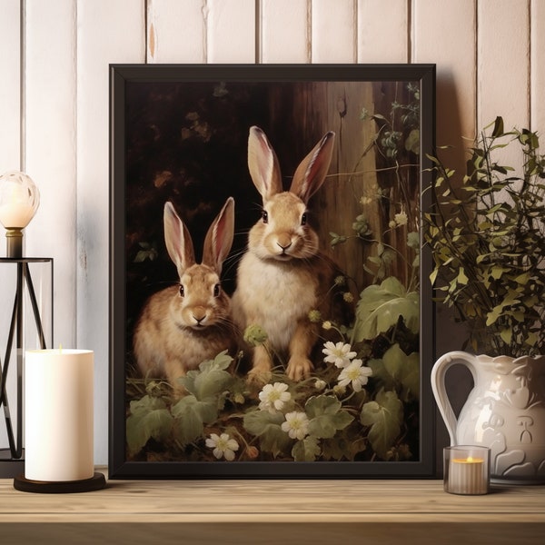 Pintura de conejo antiguo, arte de pared de conejito de pareja imprimible, descarga digital, arte de pared de academia oscura, impresión de conejito vintage, arte rústico cambiante