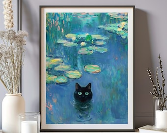 Claude Monet Waterlily Cat Print, Cartel del gato Claude Monet, Arte del gato negro, Estampado floral, Pintura del gato negro, Cartel vintage, Regalo para la mamá del gato