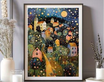 Gustav Klimt Print, Gustav Klimt Poster, Klimt Exhibition Poster, Village Night Print, Klimt Moon Stars Tree Art, Premium Matte Paper Poster