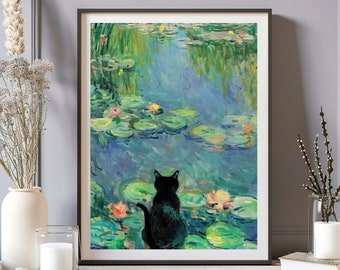 May include: A black cat sits on a lily pad in a pond, looking out at a blue and green water lily pond. The painting is in the style of Claude Monet.