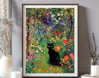 黒猫のポスター、モネの睡蓮の猫のプリント、クロード・モネの猫の