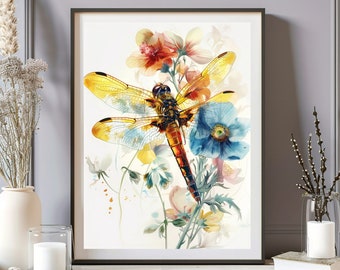 Dragonfly Watercolor Print, Dragonfly Art Print, Insects Painting Wall Decor, Dragonfly Spring Floral Poster, Botanical Dragonfly Wall Art