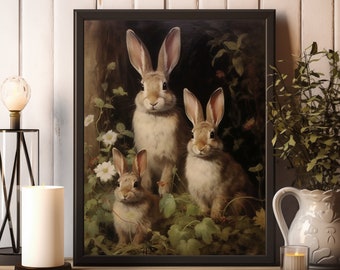 May include: A framed print of a painting featuring three brown rabbits in a lush green forest setting. The rabbits are depicted in a realistic style with soft fur and long ears. The background features a variety of green foliage and flowers.