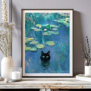 クロード・モネの睡蓮の猫のプリント、クロード・モネの猫のポスター、黒猫のアート、花柄プリント、黒猫の絵画、ビンテージポスター、猫ママへのギフト