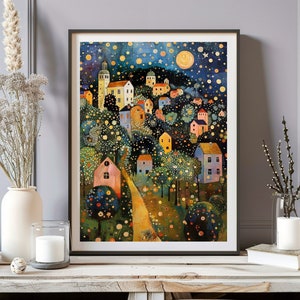 Impresión de Gustav Klimt, póster de Gustav Klimt, póster de exposición de Klimt, impresión de noche de pueblo, arte de árbol de estrellas y luna de Klimt, póster de papel mate premium