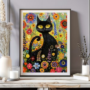 Gustav Klimt Garden Cat Print, Klimt Bloemen Cat Poster, Zwarte Kat Kunst, Bloemenprint, Cat Lover Gift, Home Decor Poster, Cat Mom Gifts Idee