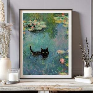 モネの睡蓮の猫のプリント、クロード・モネの猫のポスター、黒猫のアート、花柄プリント、面白い猫のプリント、面白いギフト、室内装飾ポスター デジタル ファイル