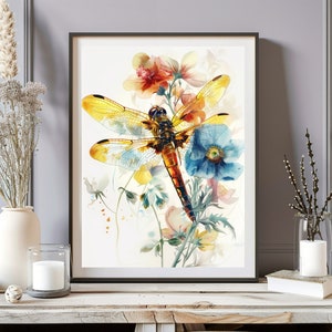Dragonfly Watercolor Print, Dragonfly Art Print, Insects Painting Wall Decor, Dragonfly Spring Floral Poster, Botanical Dragonfly Wall Art