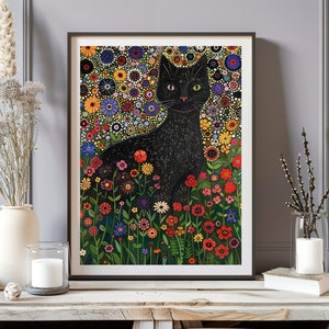 Gustav Klimt zwarte kat print, Klimt Museum poster, Gustav Klimt tuin bloemen kat poster, Gustav Klimt zwarte kat schilderij, cadeau voor kat moeder