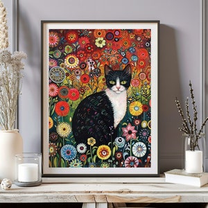 グスタフ・クリムトの猫のプリント、クリムト美術館のポスター、グスタフ・クリムトの庭の猫のポスター、花柄の猫のポスター、グスタフ・クリムトの絵画、猫のお母さんへの贈り物