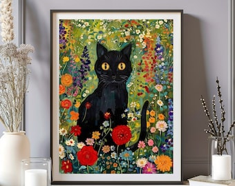 Gustav Klimt Print, Klimt Museum Poster, Gustav Klimt Garden Cat Poster, Floral Cat Poster, Gustav Klimt Painting, Black Cat Home Decor