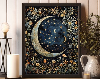 Impressão de William Morris, impressão de exposição de William Morris, lua e estrelas pôster de William Morris, arte de parede vintage, arte têxtil, pôster vintage