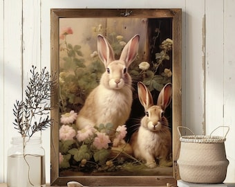 Antique Rabbit Painting, Dark Bunny Wall Art Printable, Digital Download Art, Dark Academia Wall Art, Vintage Bunny Print, Moody Rustic Art