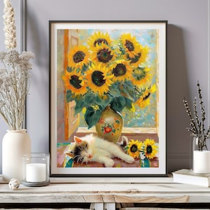 Claude Monet Sunflowers Cat Print, Monet Cat Poster, Cute Kitty Art, Floral Print, Funny Cat Print, Funny Gift, Home Decor Poster Printable
